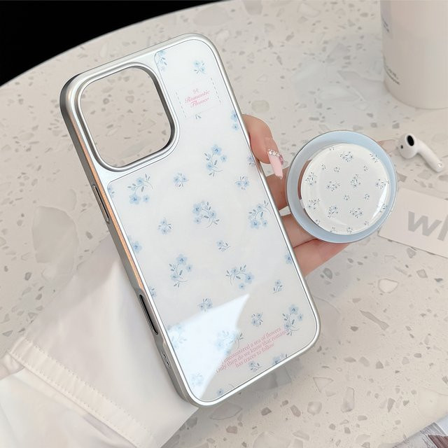 INS Handyhülle mit blauen Blumen und magnetischer Halterung für iPhone 17 16 15 14 13 12 Pro Max, stoßfeste Hartschale mit Silberkanten-Vollbild-Design - Bild 1