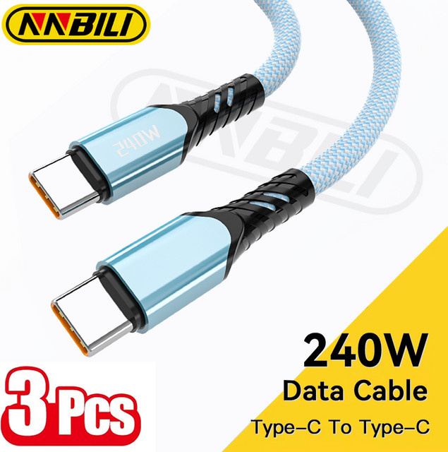 NNBILI 3er-Set USB-C auf USB-C Kabel 240W PD Schnellladekabel QC4.0 in Schwarz und Blau für MacBook, Samsung und iPhone 15 16 - Bild 1