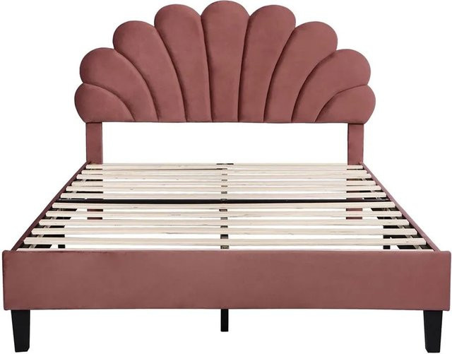KOMHTOM Doppelbett mit gepolstertem Kopfteil in Blumenform aus Samt, Bohnenrot, B/T/H: 140 x 200 x 110,5 cm - Bild 1