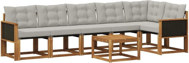 vidaXL Outdoor-Sofagarnitur L-Form aus Akazienholz mit 7 Kissen in Braun und Hellgrau - Bild 1