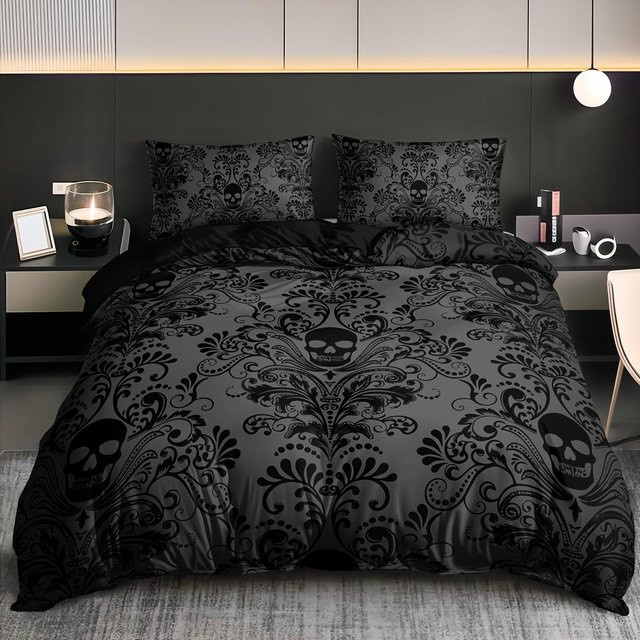 Schwarzes Damast Bettwäscheset mit Totenkopf- und Blumenmuster im Gothic-Vintage-Stil, 3-teilig, B/H: 155 x 215 cm - Bild 1