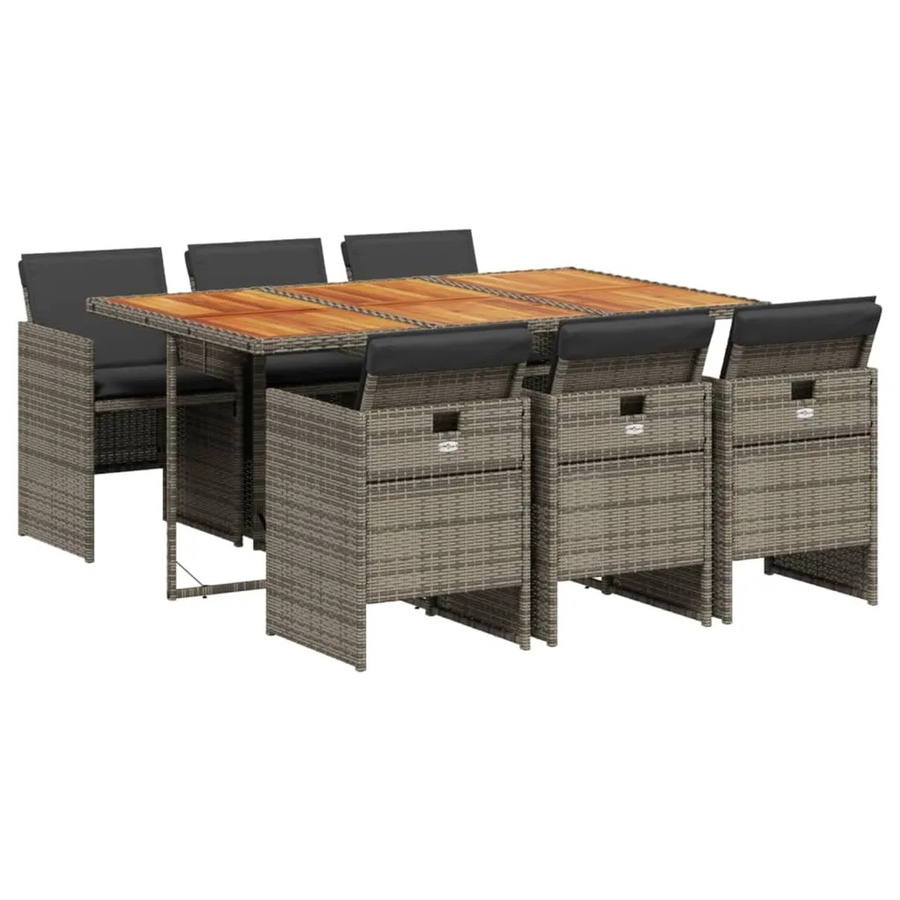 vidaXL 7-teilige Garten-Essgruppe aus Poly-Rattan und Akazienholz in Grau und Braun mit Kissen - Bild 2