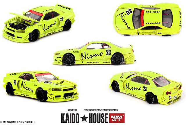 MINI GT Kaido House Skyline R34 Kaido Works V4, Modellauto, Gelb, 1:64 - Bild 1