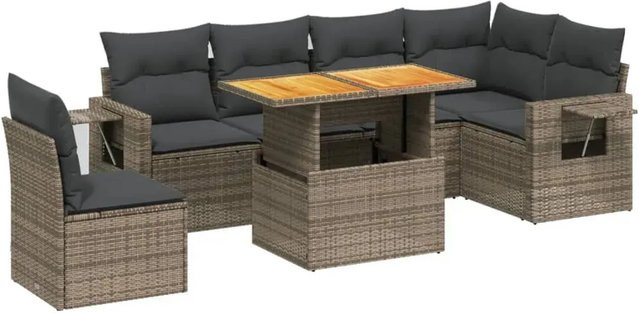 vidaXL 7-tlg Garten-Sofagarnitur in L-Form aus Poly-Rattan und Akazienholz in Grau mit Kissen - Bild 1