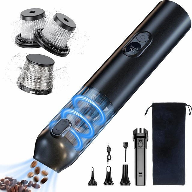 TUERBB VC030 4-in-1 Tragbarer Staubsauger und Gebläse in Schwarz mit LED-Anzeige, starker Saugkraft und Vakuumpumpe für Auto, Reisen und PC - Bild 1