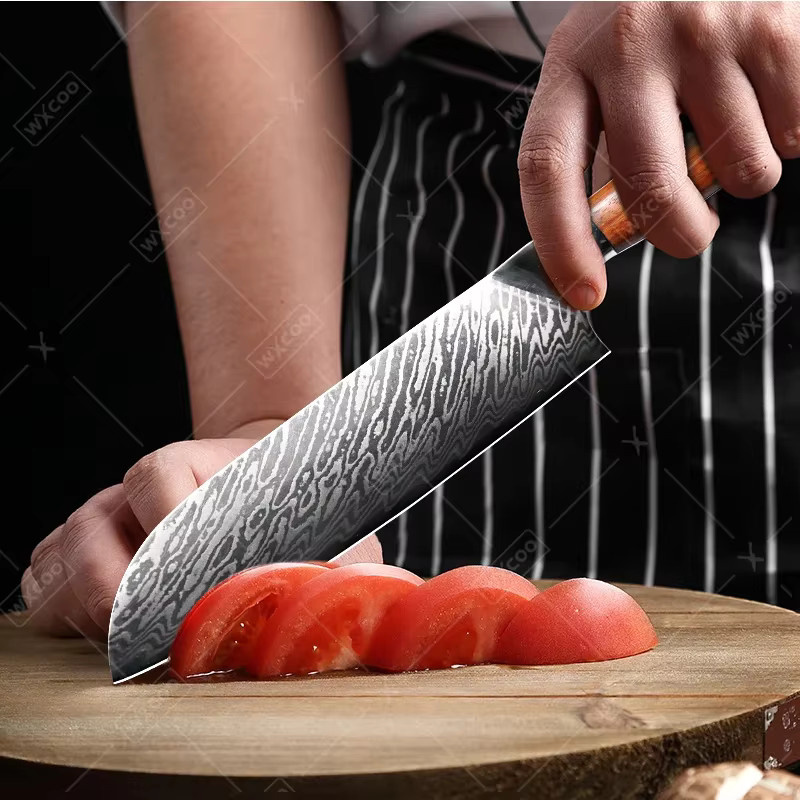WXCOO Professionelles Santokumesser aus Damaststahl in Silber mit Holzgriff - Bild 4