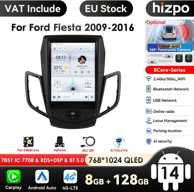 HIZPO Android 14 2Din Autoradio für Ford Fiesta MK7 2009 - 2016 mit 9,7 Zoll Multimedia Player Navigation Carplay Stereo Head Unit in Schwarz - Bild 1