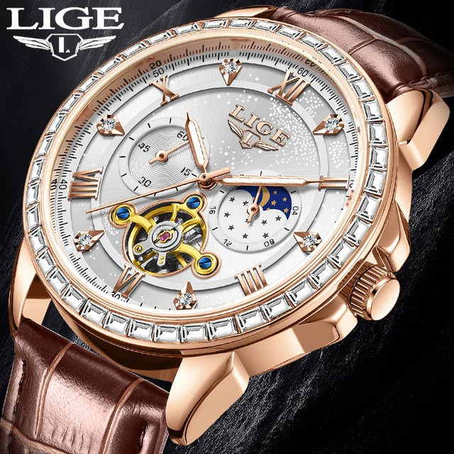 LIGE Armbanduhr Automatik, Leder, Silber, Zirkonia, Herren - Bild 1