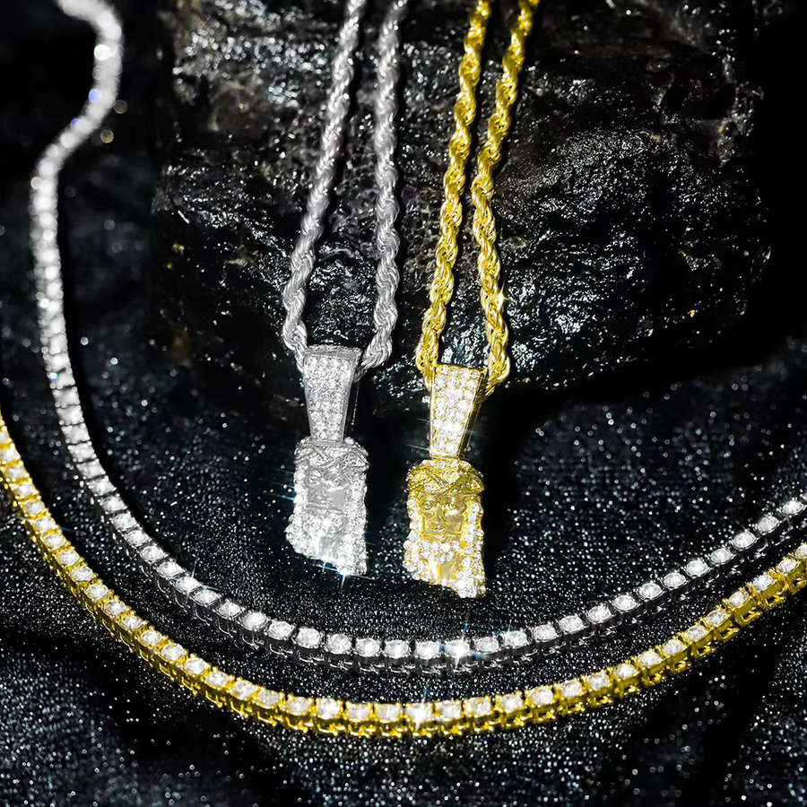 Halskette Set, Edelstahl, Jesus Anhänger, Seil & Tenniskette, Diamant, Zirkonia, Unisex - Bild 2
