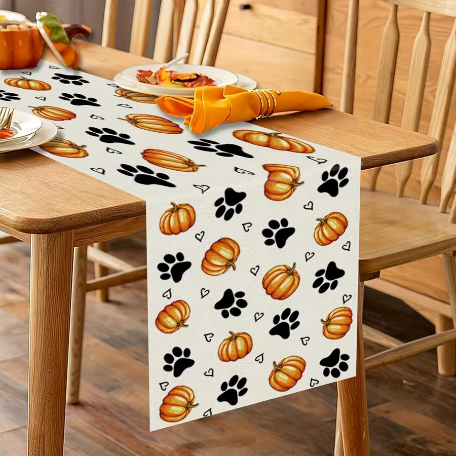 DOKRIY Herbst-Tischläufer aus Leinen in Weiß mit Kürbis- und Hundepfoten-Design, B/H: 45 x 150 cm - Bild 2