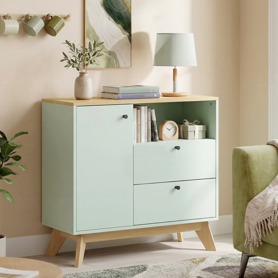 HOMCOM Sideboard in Hellgrün und Eiche, modernes Aufbewahrungsmöbel mit Tür, 2 Schubladen und verstellbarem Regal für Esszimmer, Küche oder Wohnzimmer, B/T/H: 80 x 35 x 76,3 cm - Bild 2