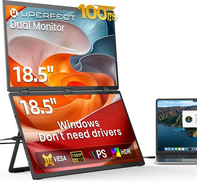 UPERFECT Delta Dualer Tragbarer Monitor 18,5 Zoll 1080P FHD IPS 100Hz Faltbarer Dreifacher Laptop-Bildschirmverlängerer USB-C Plug & Play Schwarz - Bild 1