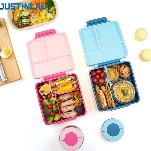 JUSTINLAU Kunststoff-Bento-Box mit Edelstahlschüssel in Blau, auslaufsichere und mikrowellengeeignete Lunchbox für Picknick, Schule und Büro - Bild 1