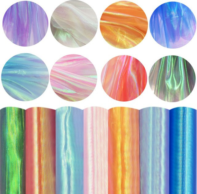 Findohope Designer-Fluoreszenzstoff aus buntem, glänzendem Mullstoff, transparentes holografisches Voile-Tuch für Bühnen- und Hochzeitsdekoration, Farbe: Mehrfarbig/Blau, Breite: 150 cm, Höhe: 50 cm - Bild 1