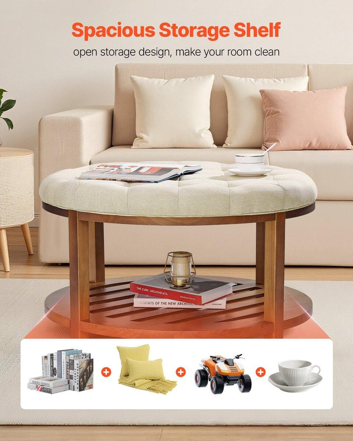 Buying Solutions MB Runder Hocker-Couchtisch aus Massivholz und Leinen in Beige, Durchmesser: 81 cm, getuftet - Bild 4