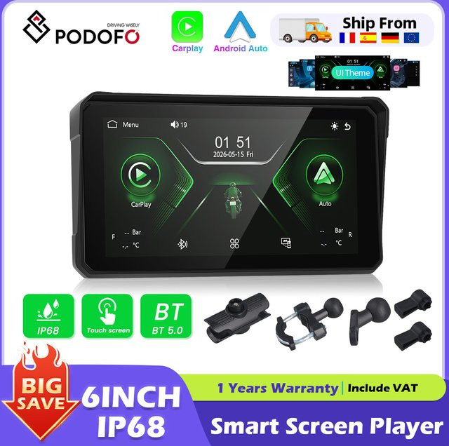 Podofo 6-Zoll Carplay Tragbarer Smart Player Motorrad-Monitor mit DVR-Navigation, Bluetooth und Android Auto, IP67 Wasserdicht, Schwarz - Bild 1