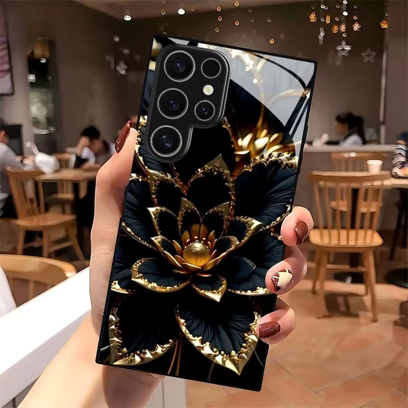 Schwarze Handyhülle mit goldenem Lotusblüten-Design aus gehärtetem Glas für Samsung Galaxy S26 S25 S24 S23 S22 S21 S20 FE Ultra Plus sturzsicher - Bild 2
