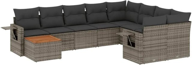 vidaXL 10-tlg. Garten-Sofagarnitur in L-Form aus Polyrattan und Akazienholz mit Kissen in Grau - Bild 1