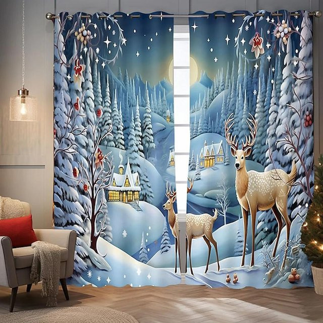 Weihnachtsvorhang mit 3D-Schneelandschaft und Rentier Motiv in Blau, halbtransparentes Polyester-Dekorationsfenster für Wohnzimmer und Schlafzimmer, B: 50 cm, H: 60 cm - Bild 1