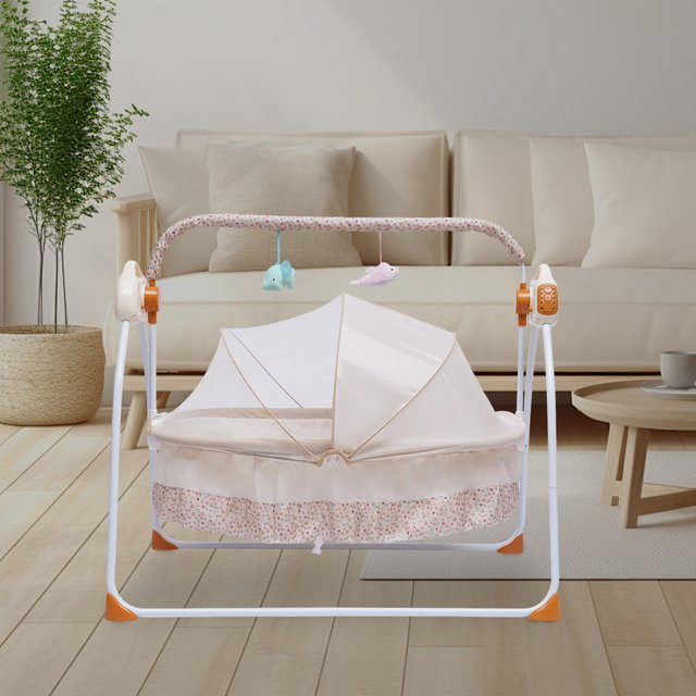 Elektrische Baby-Schaukelwiege von Bymaocar in Beige mit floralem Design, Schaukelstuhl-Kinderbett für Neugeborene mit Bluetooth-Funktion und 25 kg Tragkraft - Bild 1