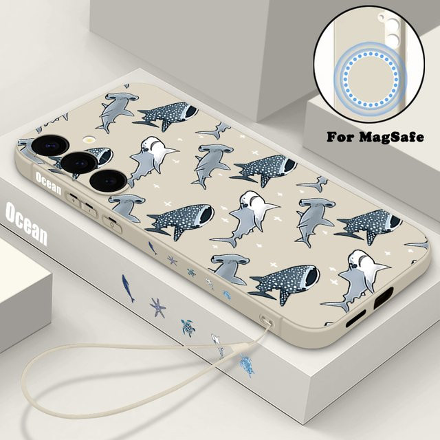MOESOE Shark Dolphin Handyhülle für Samsung Galaxy S24 S25 S23 S22 Ultra S21 Plus kompatibel mit MagSafe Wireless Charging, TPU-Abdeckung, Schwarz/Mehrfarbig - Bild 1