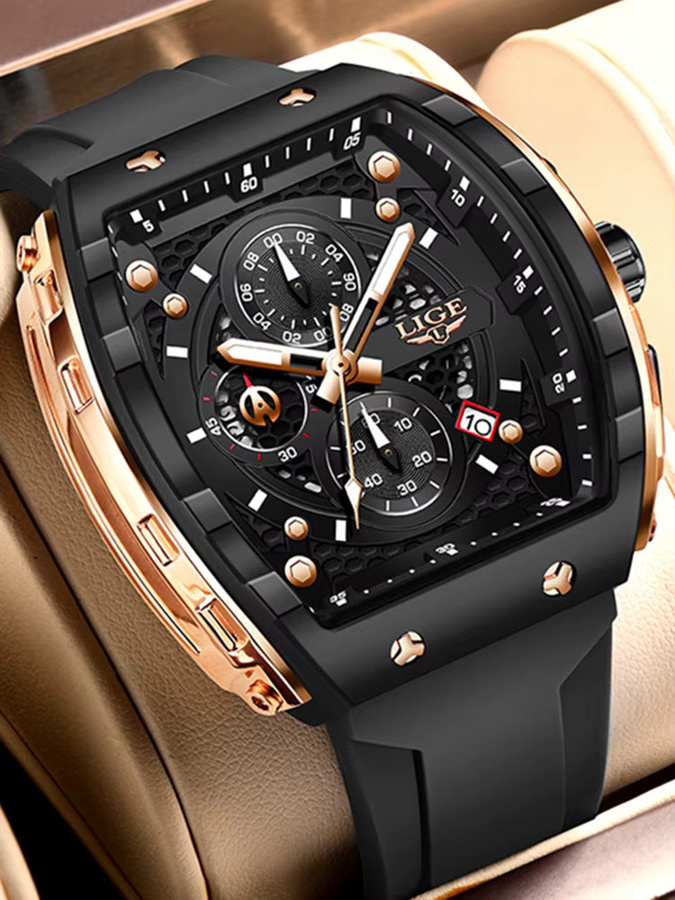 LIGE Chronograph Armbanduhr, Eckig, Quarz, Silikon, Schwarz, Herren - Bild 6