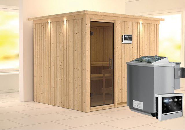 Karibu BioKombisauna Gunda mit 9.0 kW Ofen, Steuergerät, Dachkranz und Ganzglastür, Farbe: Grau/Braun, B/T/H: 231 x 196 x 24.5 cm - Bild 1
