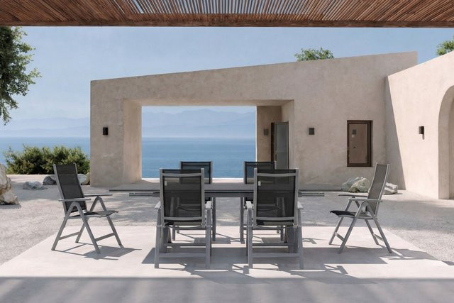 OUTFLEXX Garten-Essgruppe in Silber mit ausziehbarem Tisch und 6 Klappstühlen aus Aluminium und Spraystone-Glas - Bild 1