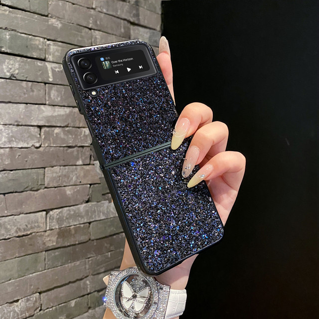 Luxuriöse Strass-Diamant-Handyhülle aus glänzendem Leder und hartem PC für Samsung Galaxy Z Flip 7, 6, 5, 4, 3 in Schwarz - Bild 1