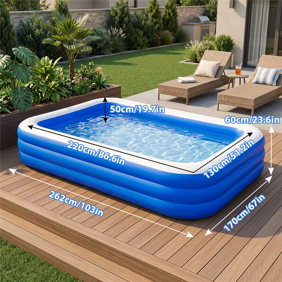 HGTUGO Aufblasbarer Familienpool in Blau, rechteckiges Schwimmbecken für Erwachsene und Kinder, B/T/H: 262 x 60 x 18 cm - Bild 8