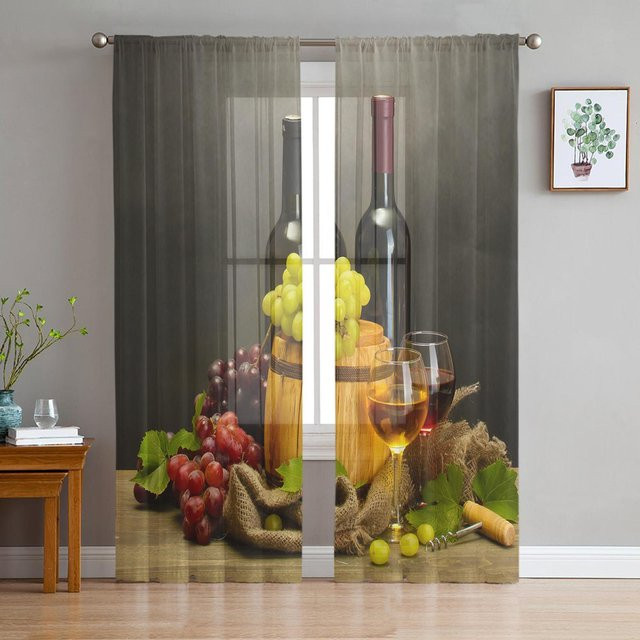 Dekorative Tüllgardine mit Trauben- und Blättermuster in Schwarz, Organza-Voile für Wohnzimmer und Küche, Breite: 135 cm, Höhe: 115 cm - Bild 1
