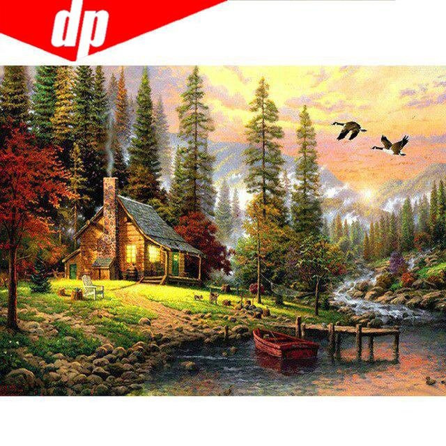 5D-Diamantgemälde FIYO ländliche Herbstlandschaft mit runden Strasssteinen, B/H: 50 x 70 cm - Bild 1