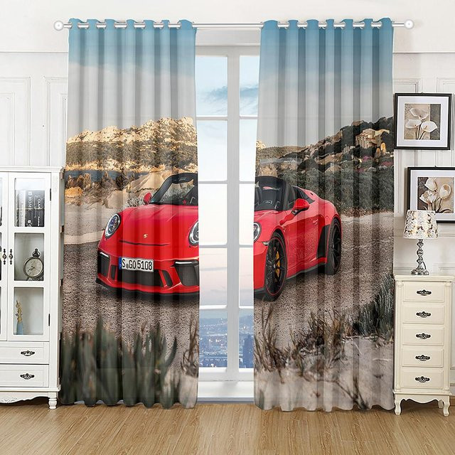 Halbsonnenlicht-Vorhang mit 3D-Druck Stadt-Sportwagen-Landschaft aus Polyester, Mehrfarbig, B/H: 135 x 245 cm, inklusive Haken - Bild 1