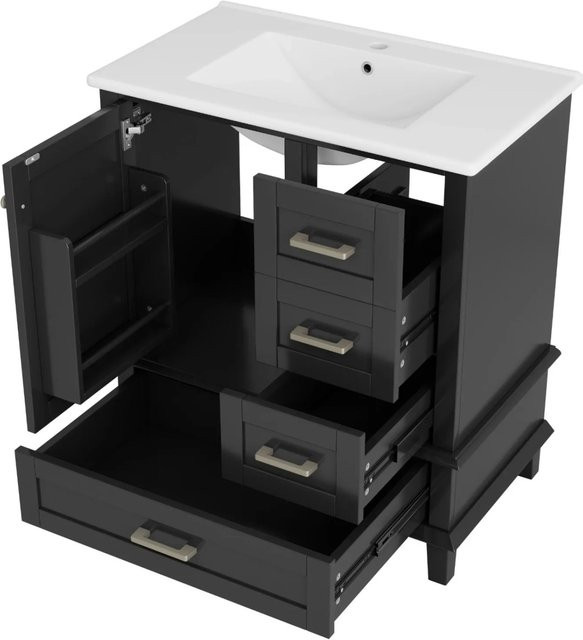 PXloue Badezimmerschrank mit Waschbecken in Schwarz, freistehend mit Schubladen und Türregal, B/T/H: 76,0 x 40,5 x 83,5 cm - Bild 1