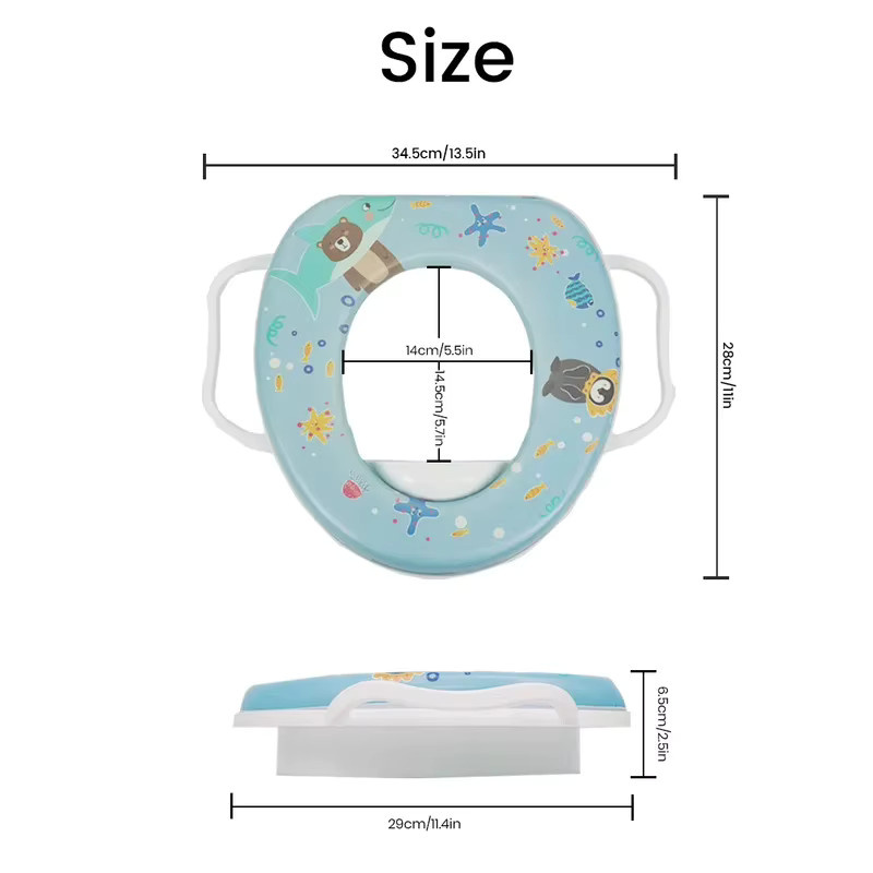 Kinder-Toilettensitzring mit Griffen und weichem Schaumstoff-Kissen in Gelb mit Cartoon-Design für Kleinkinder - Bild 3