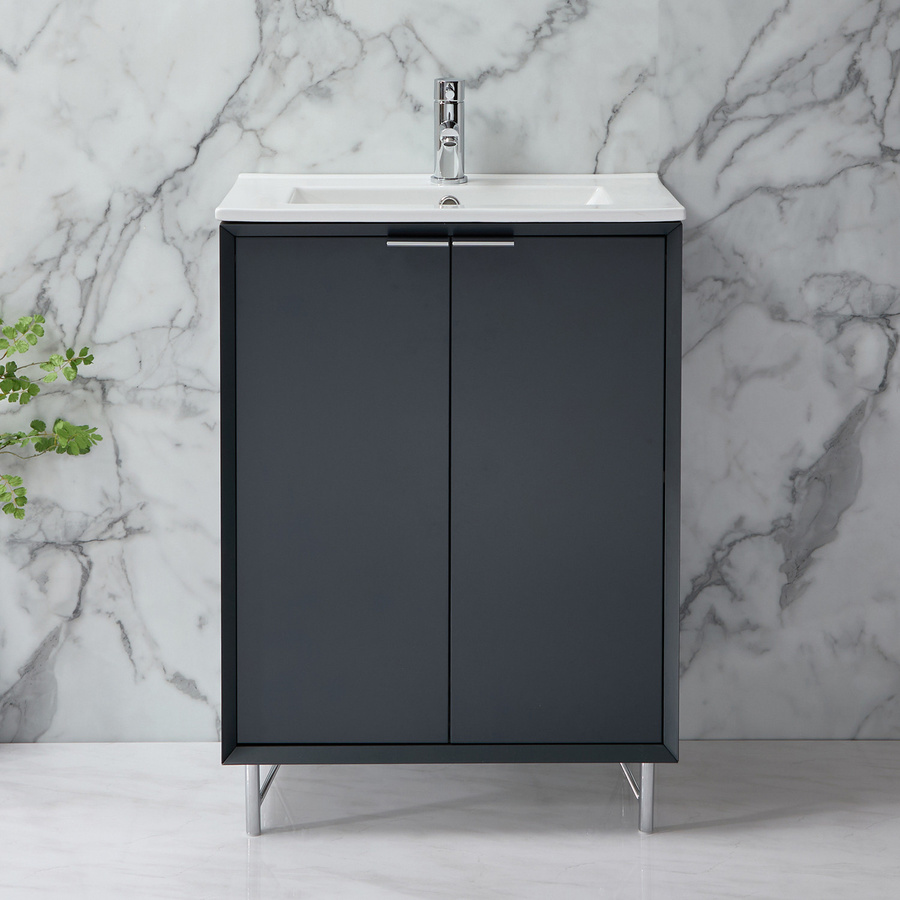 Waschtischunterschrank mit Waschbecken HudsonReed Edge in Anthrazit mit Soft-Close-Türen und Chrom-Fingergriffen - Bild 1