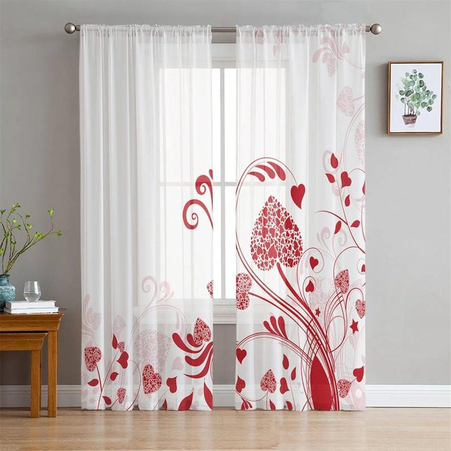 Yiran Furniture Transparentes Tüll-Fensterdekoration Set mit Herz und Blumen in Rot, 2 Stück, Breite: 65 cm, Höhe: 60 cm - Bild 1