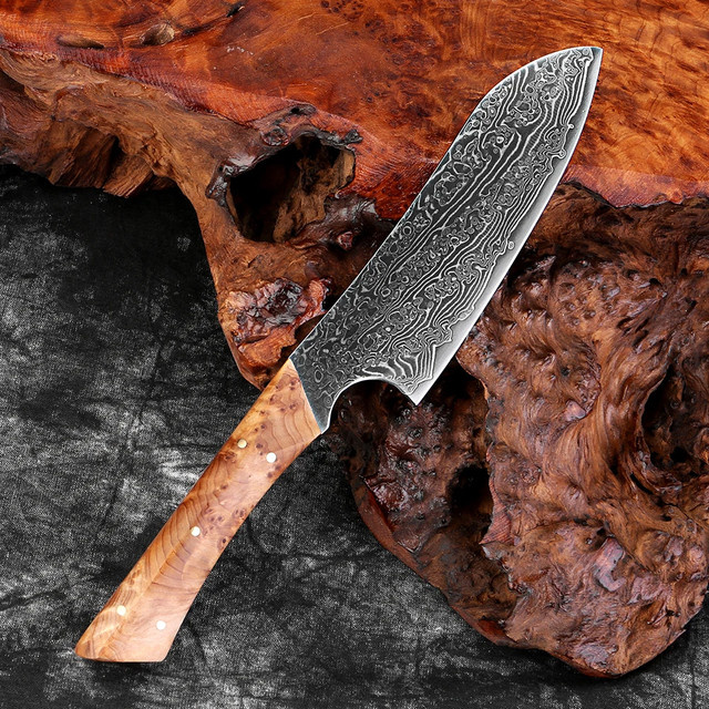 XITUO Japanisches Santoku-Kochmesser aus Damaszenerstahl mit Holzgriff in Silber, Klingenlänge: 12,7 cm - Bild 1