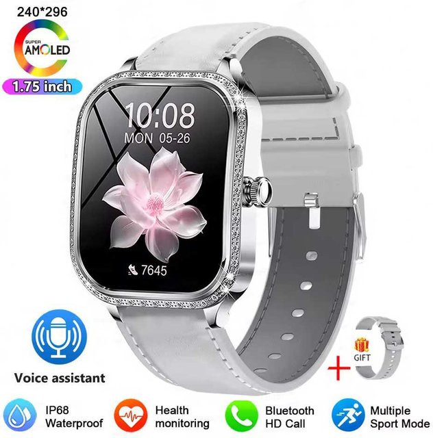 Lucky Start Smartwatch für Damen mit KI Sprachsteuerung, 1,75 Zoll Voll-Touch Display, Bluetooth Anruffunktion und Wasserdichtigkeit, Silber/Weiß - Bild 1
