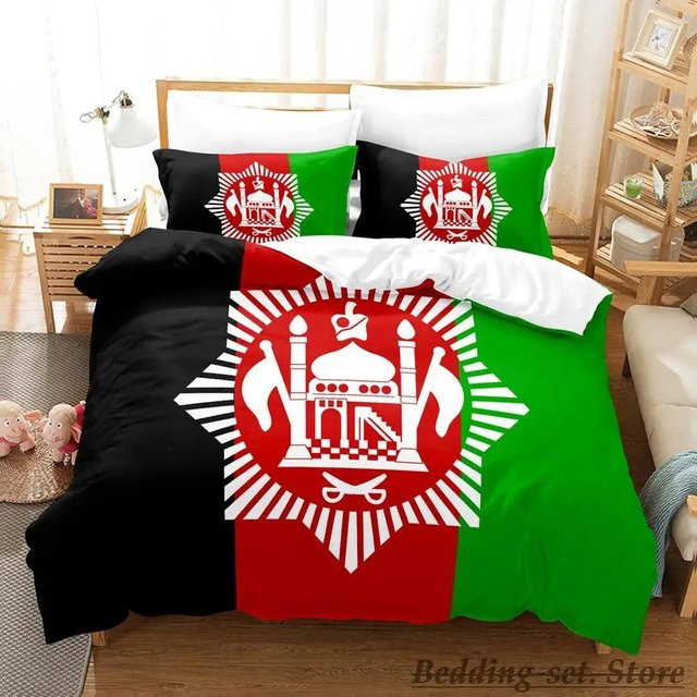 Bettwäsche Set Afghanistan Flagge Design aus Mikrofaser mit Bettbezug und Kissenbezug, Farbe Schwarz, B/H: 228 x 228 cm - Bild 1