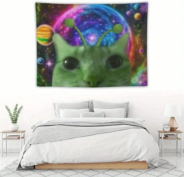 VIKAMA Wandteppich mit Alien-Katzen-Motiv in Multicolour, dekorative Wanddekoration für Gaming-Räume, B/H: 90 x 60 cm - Bild 1