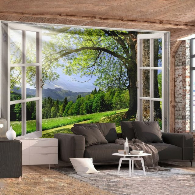 VIKAMA Wandteppich Mountain View Green Forest in Grün für dein Wohnzimmer und deine Akzentwand - Bild 1