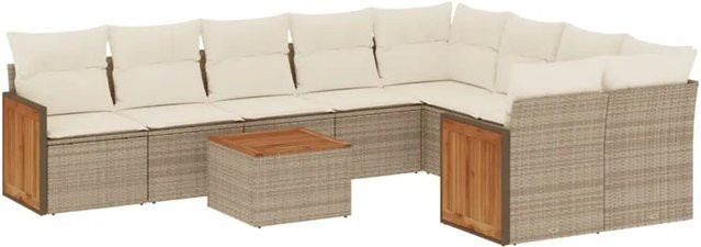 vidaXL 10-tlg. Garten-Sofagarnitur in L-Form mit Kissen und Couchtisch, Beige, Polyrattan - Bild 1