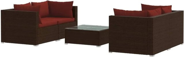 vidaXL 5-tlg Garten-Lounge-Set in L-Form mit Kissen, braun und rot, Poly Rattan und Metallrahmen - Bild 1