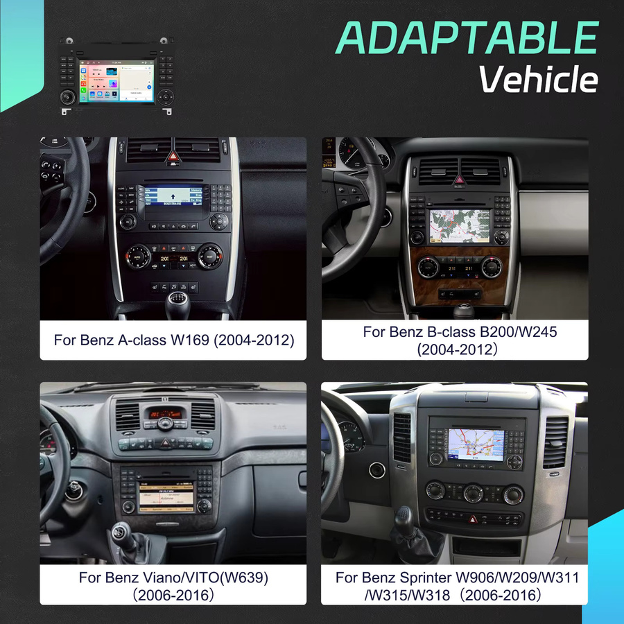 Camecho Android Autoradio mit 7 Zoll Display, 4 GB RAM + 64 GB Speicher, GPS und drahtlosem CarPlay für Mercedes Benz W169 W245 B200 W906 Sprinter W639 Vito, Schwarz - Bild 2