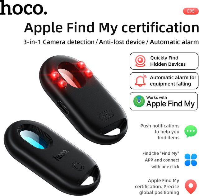 HOCO SmartTag E95 3in1 Anti-Verlust-Tracker für iOS-Serie mit Kamera-Detektor und Sicherheitsalarm in Schwarz - Bild 2