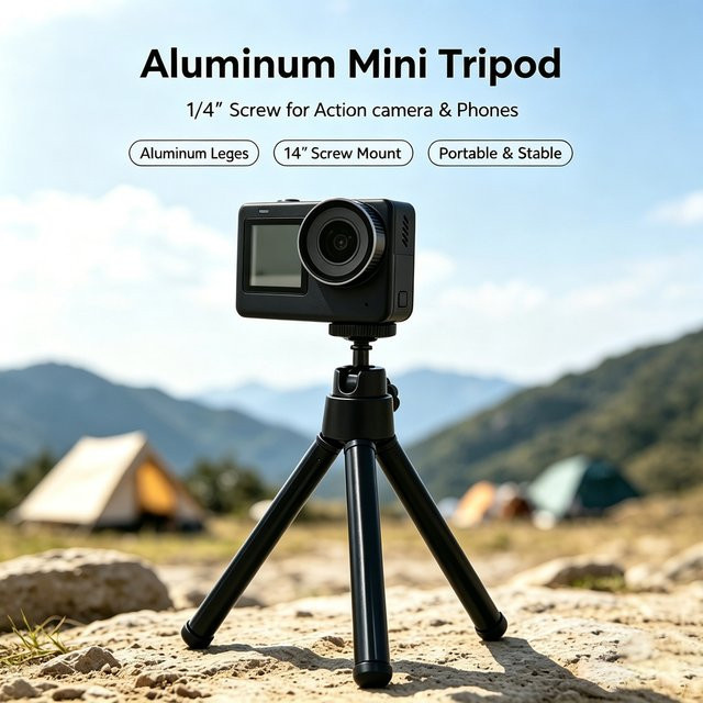 EXSKOF Mini-Desktop-Stativ aus Aluminiumlegierung in Schwarz, verstellbarer 2-teiliger Ständer mit 1/4 Zoll Anschluss für Action-Kameras, Smartphones und Webcams - Bild 1