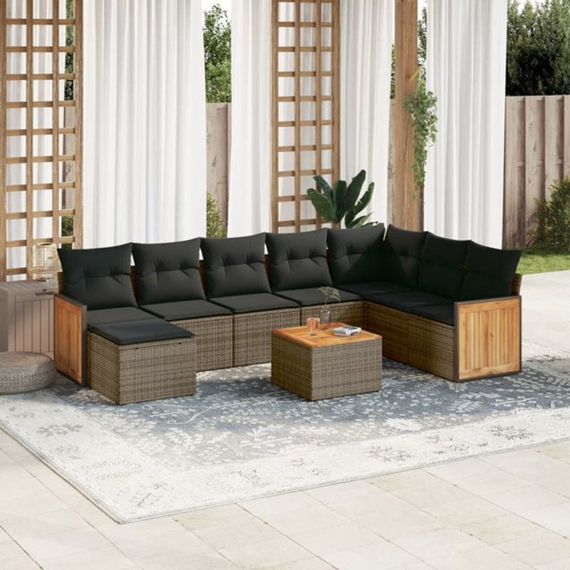 Vidaxl 9-teiliges Gartenmöbel-Set aus Polyrattan und Akazie mit Kissen in Grau - Bild 1