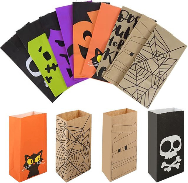 TMZ Halloween Kraftpapiertüten mit Kürbis- und Schädelmotiven für Süßigkeiten und Geschenke - Bild 1