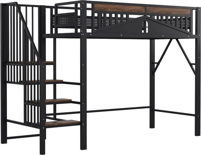 Merax Hochbett aus Metall für Kinderzimmer in Schwarz mit Treppe und Seitenfächern, B/T/H: 90 x 200 x 170 cm - Bild 1
